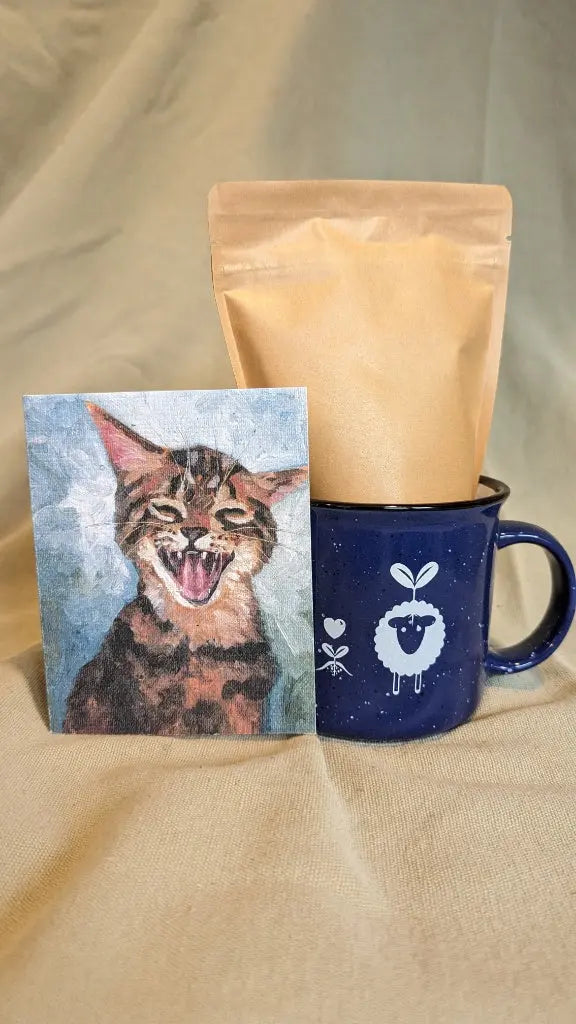 EcoWool Pellet Cat grass kit with ceramic mug and wildflower seed card with cat on it