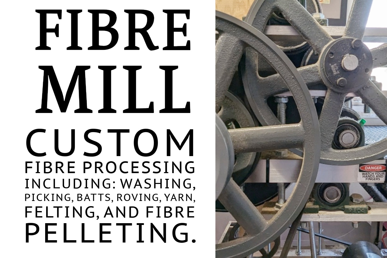 Fibre processing including washing, picking, batts, roving, handspun yarns, felting, and wool pellets.