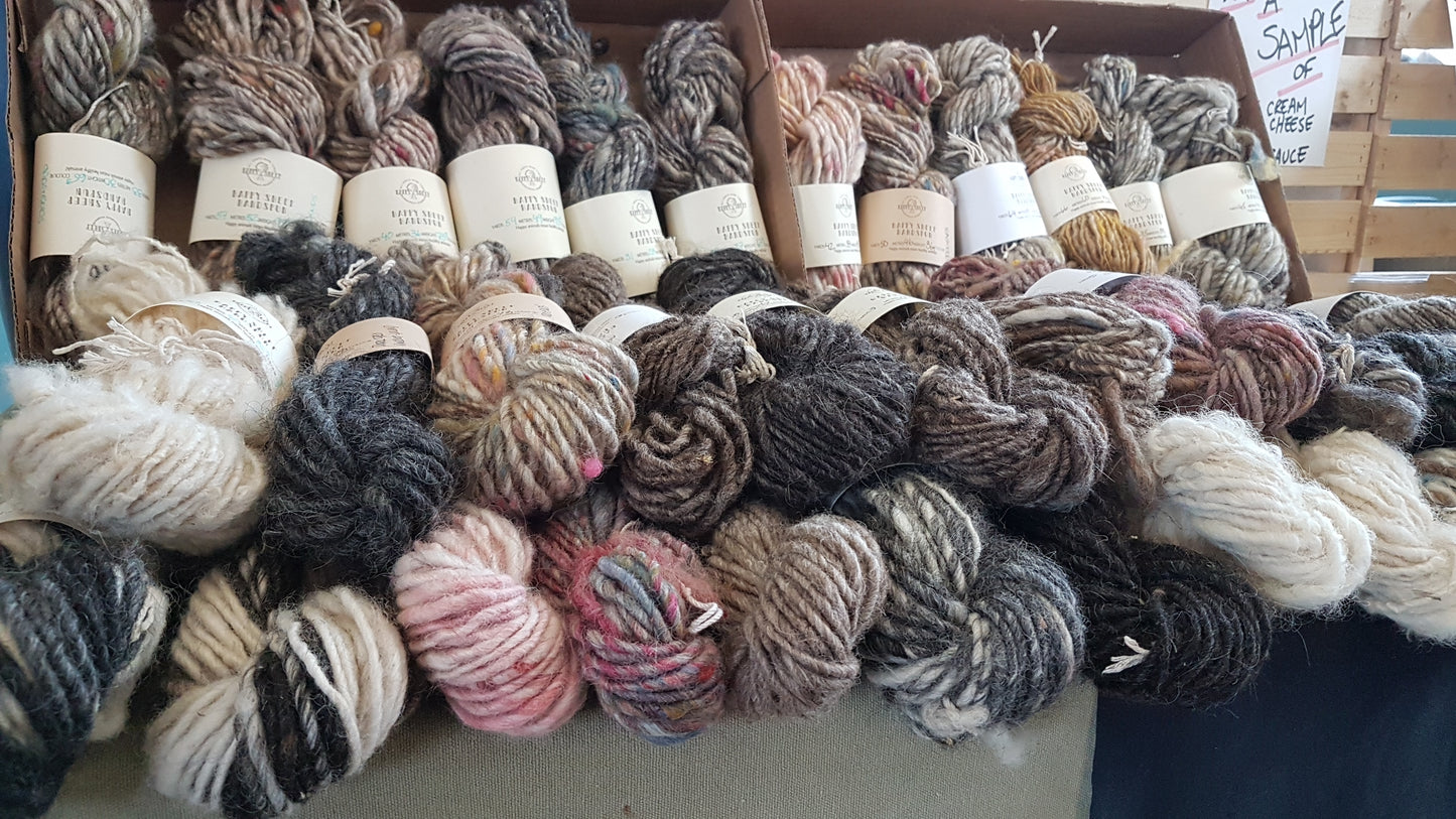 Handspun yarns from the sheep at All Sorts Acres Farm and EcoWool Fibre Mill