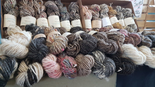 Handspun yarns from the sheep at All Sorts Acres Farm and EcoWool Fibre Mill
