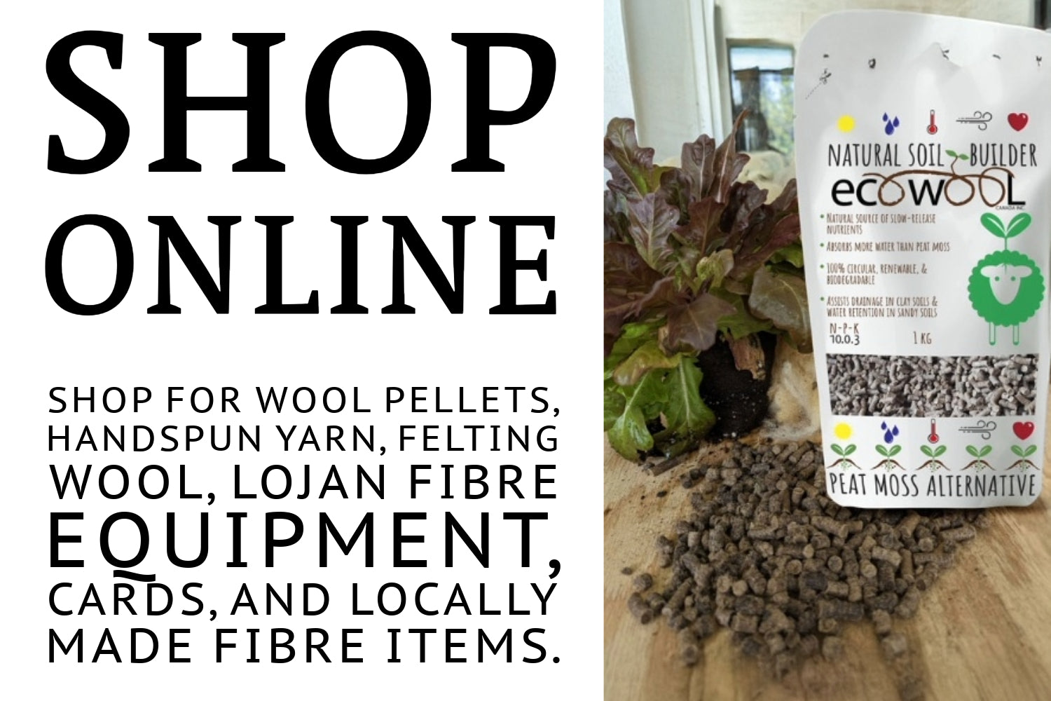 Shop for wool pellets, handspun yarn, felting wool and supplies, lojan fibre equipment, greeting cards, and local wool.